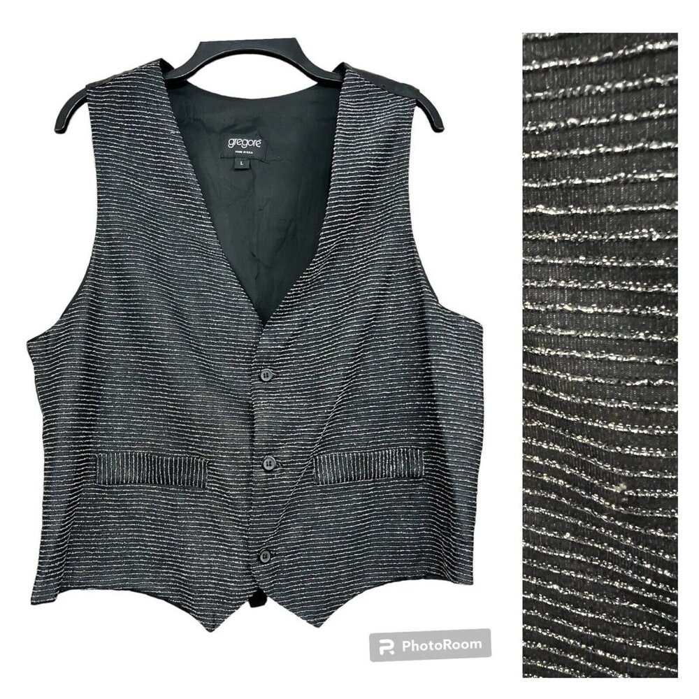 Vintage Y2K Vest Waistcoat Women‎ Unisex Sz Large Black Silver Glitter Sparkle
